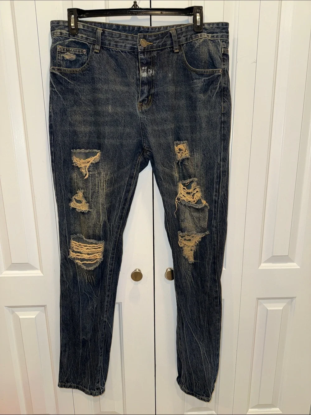 Men's Skinny Distressed Jeans in Dark Blue